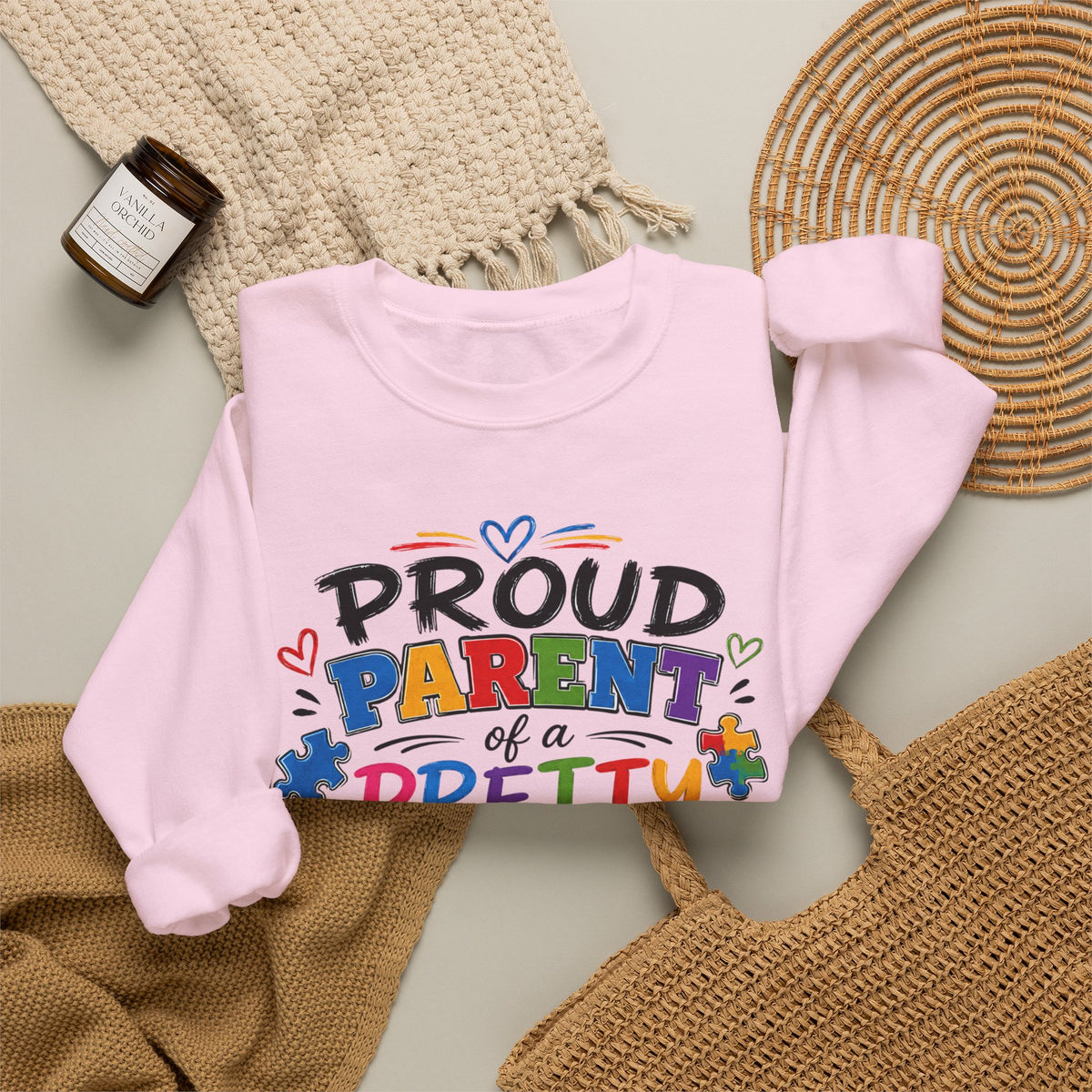 Crewneck Sweatshirt — "Proud Parent of a Pretty Amazing Autistic Kid" Colorful Autism Awareness Design