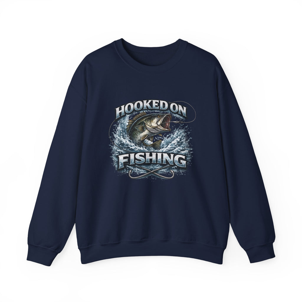 Fishing Sweatshirt — "Hooked on Fishing" Graphic Crewneck for Anglers