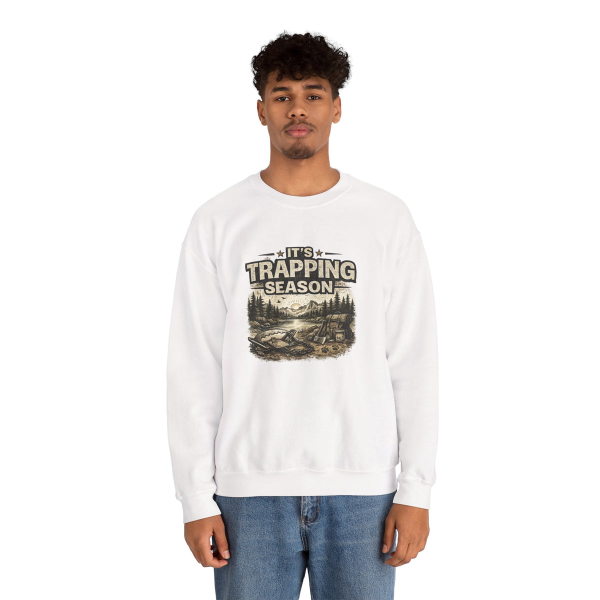 Crewneck Sweatshirt — "It's Trapping Season" Rustic Outdoor Graphic