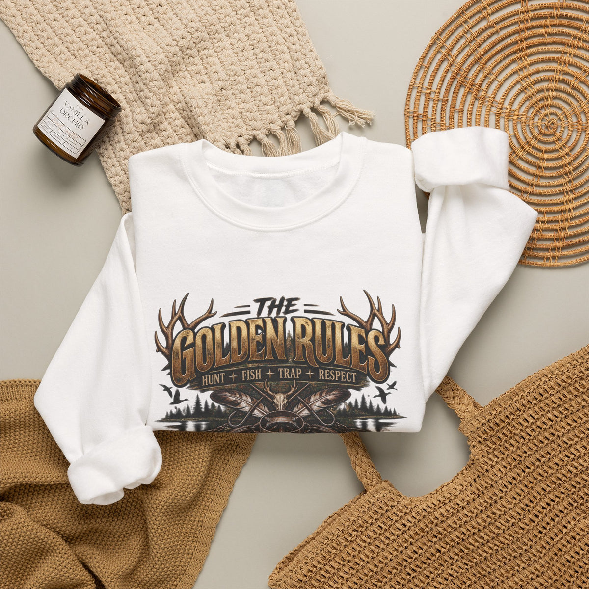 Crewneck Sweatshirt — "The Golden Rules" Rustic Outdoor Graphic