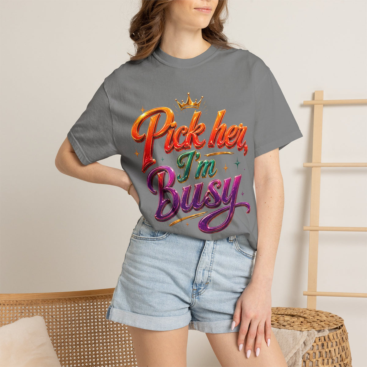 Pick Her I'm Busy T-Shirt — Bold Retro Script Graphic Tee for Confident Women