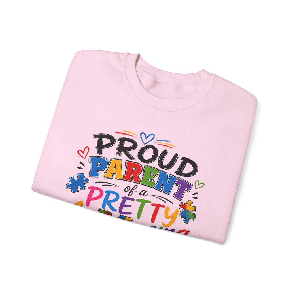 Crewneck Sweatshirt — "Proud Parent of a Pretty Amazing Autistic Kid" Colorful Autism Awareness Design