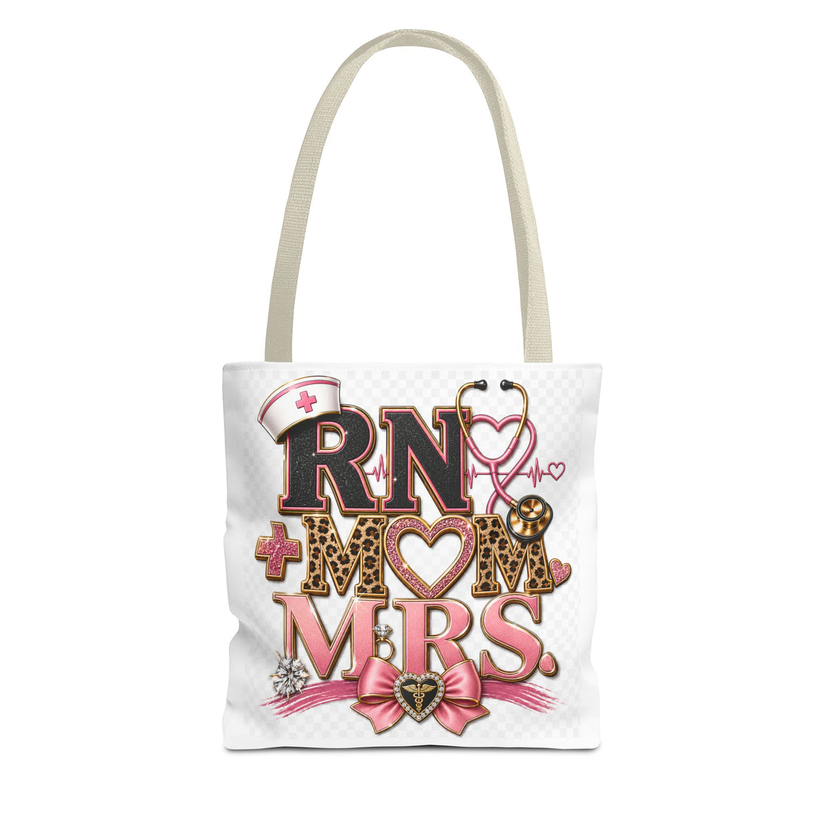 RN Mom Mrs. Tote Bag — Nurse Wife Gift, Leopard Pink Stethoscope Design