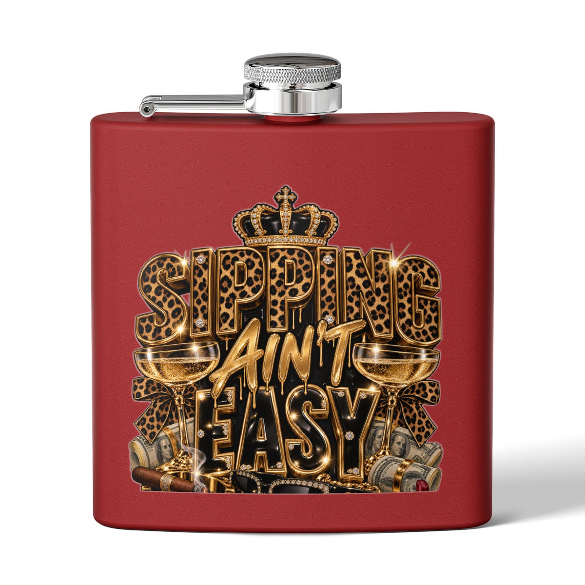 Flask — 'Sipping Ain't Easy' Gold Leopard Stainless Steel Hip Flask (6oz)