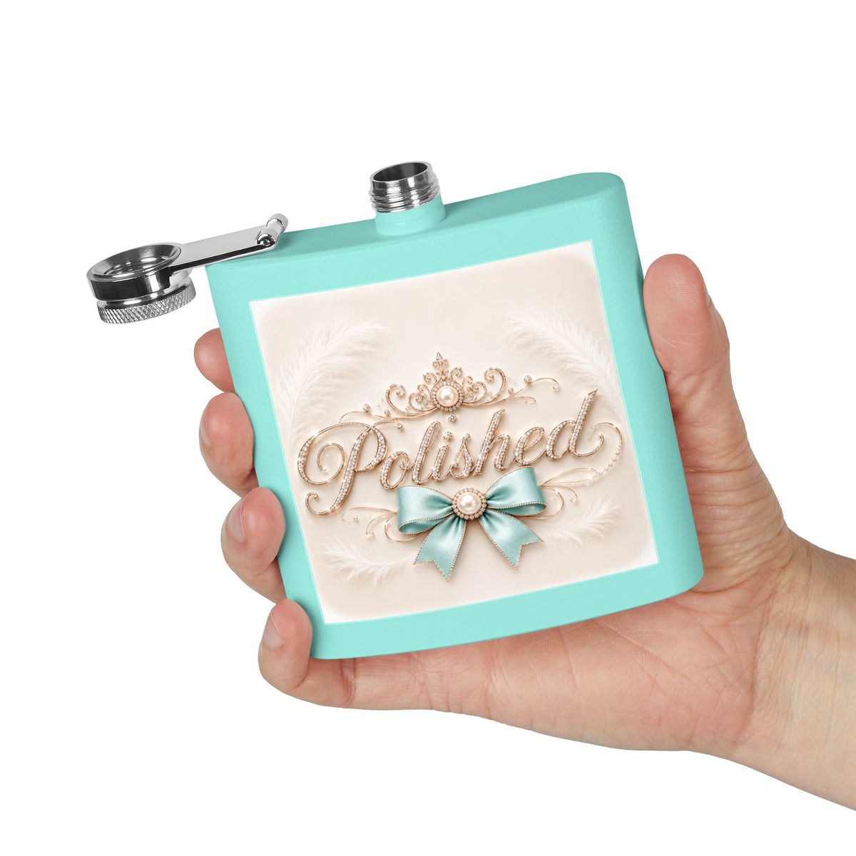 Flask — Polished Decorative 6oz Stainless Steel Hip Flask with Elegant Bow Design