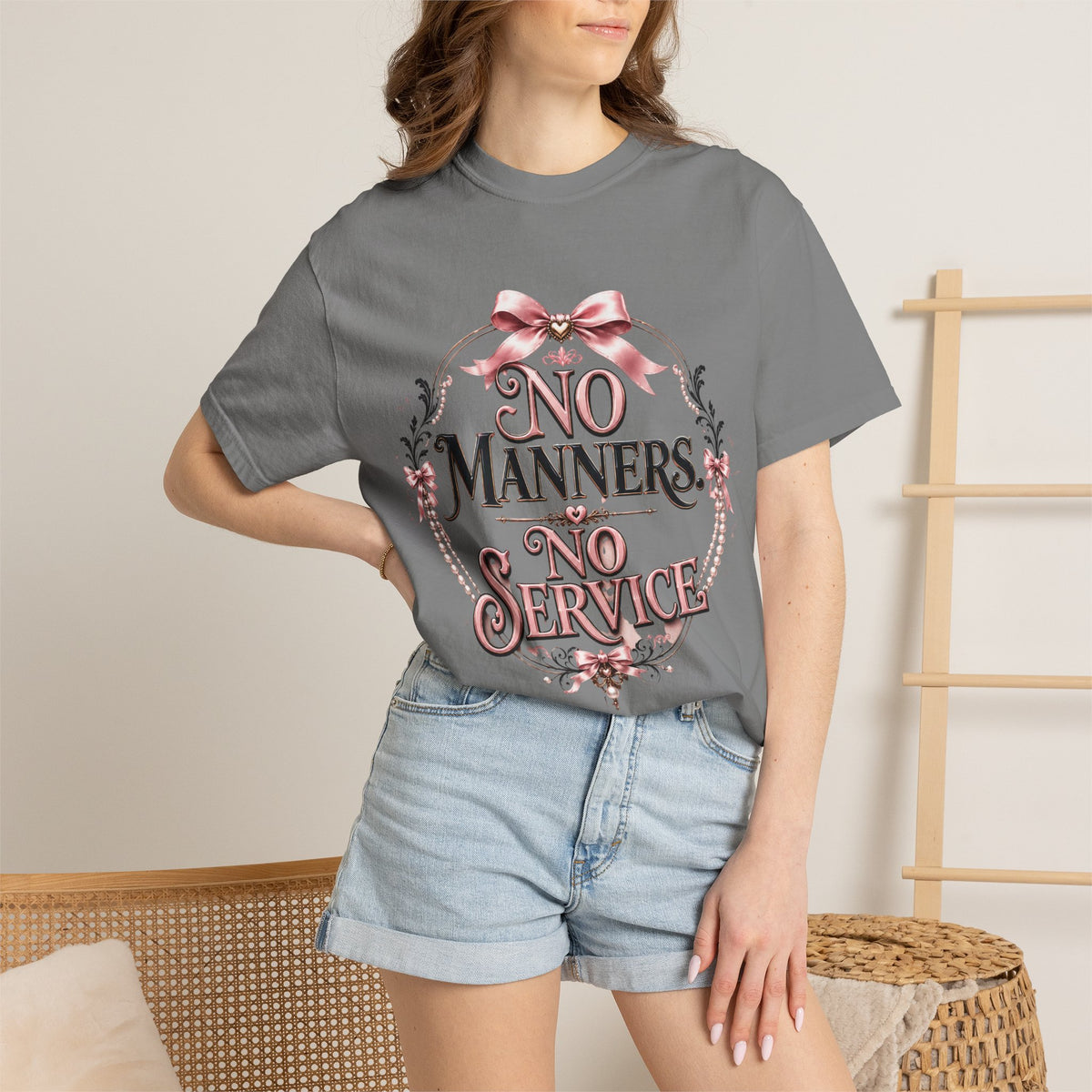 No Manners No Service T-Shirt — Vintage Pink Victorian Script Tee