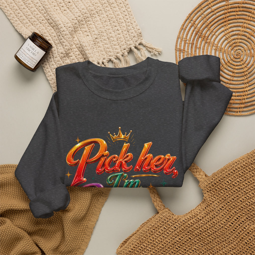 Crewneck Sweatshirt — "Pick Her, I’m Busy" Bold Script Graphic