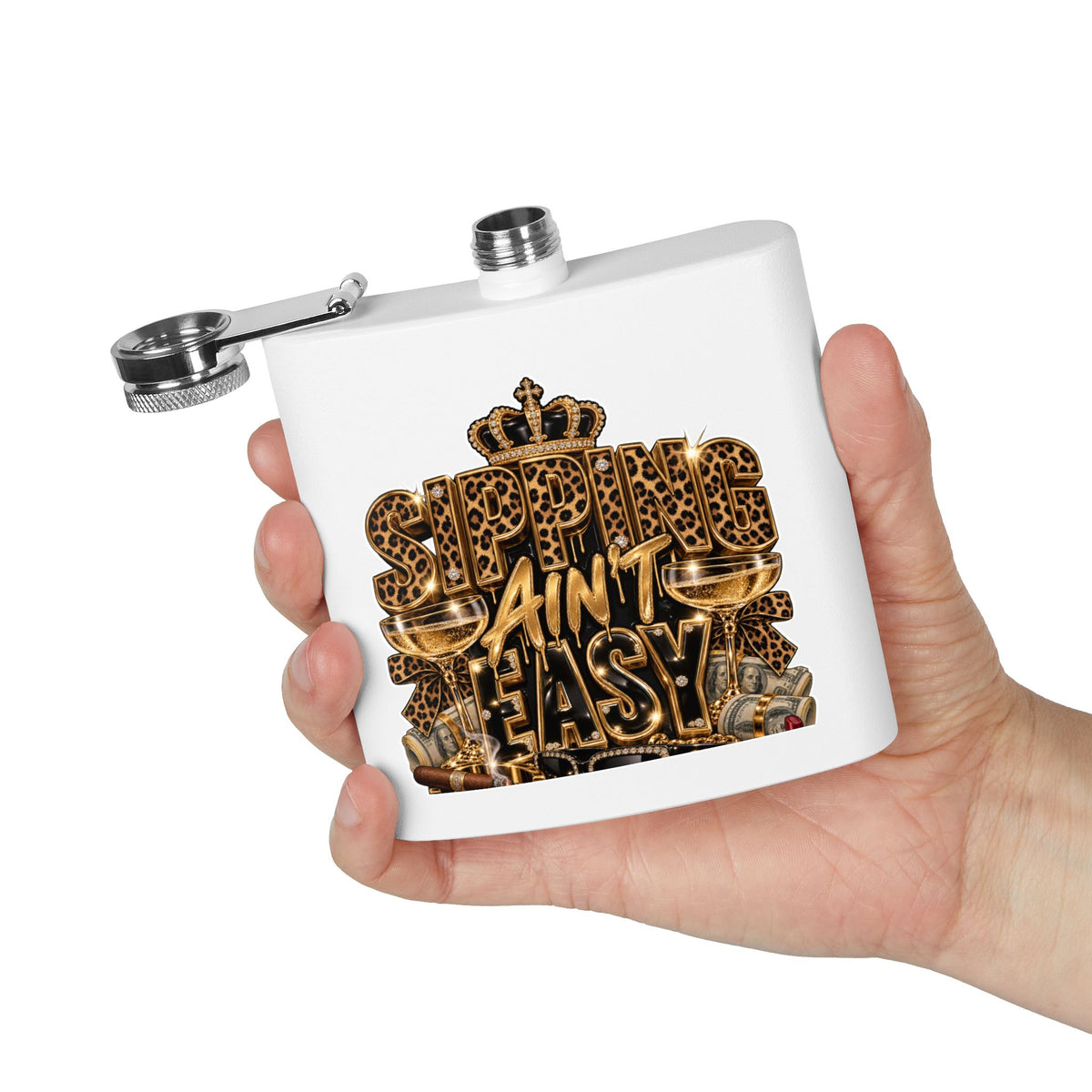 Flask — 'Sipping Ain't Easy' Gold Leopard Stainless Steel Hip Flask (6oz)