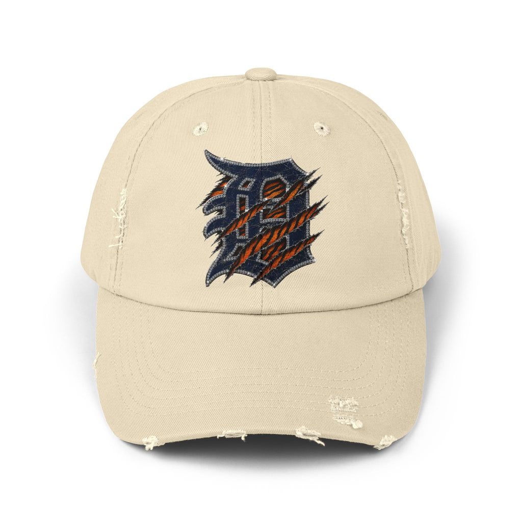 Distressed Beige Baseball Cap with Ripped Script Patch