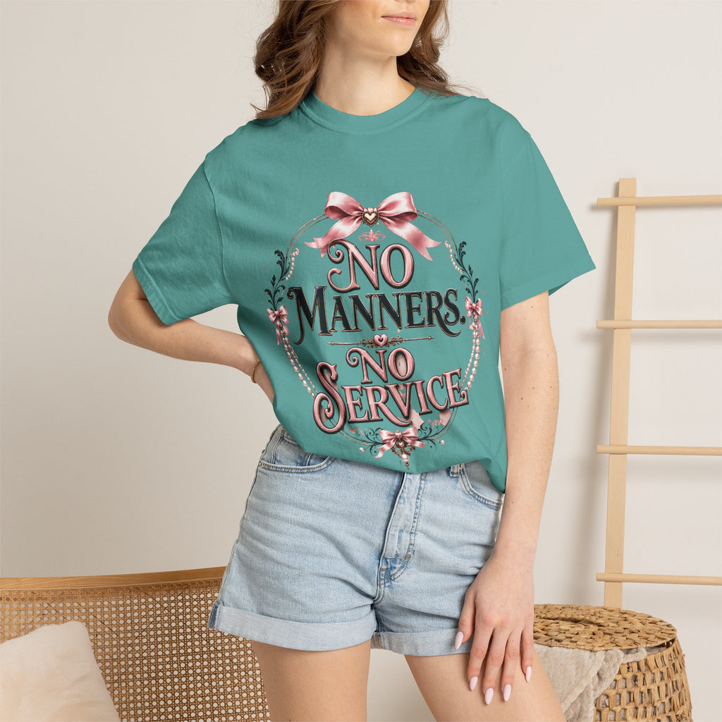 No Manners No Service T-Shirt — Vintage Pink Victorian Script Tee