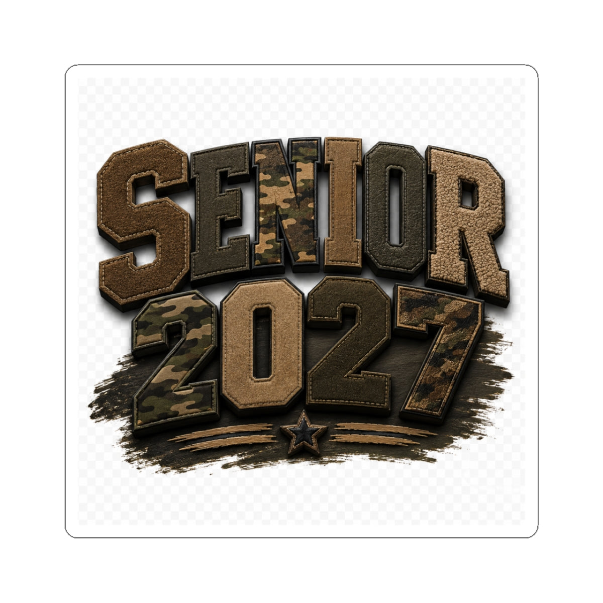 Senior 2027 Camo Patch Sticker — Military-Inspired Graduation Kiss-Cut