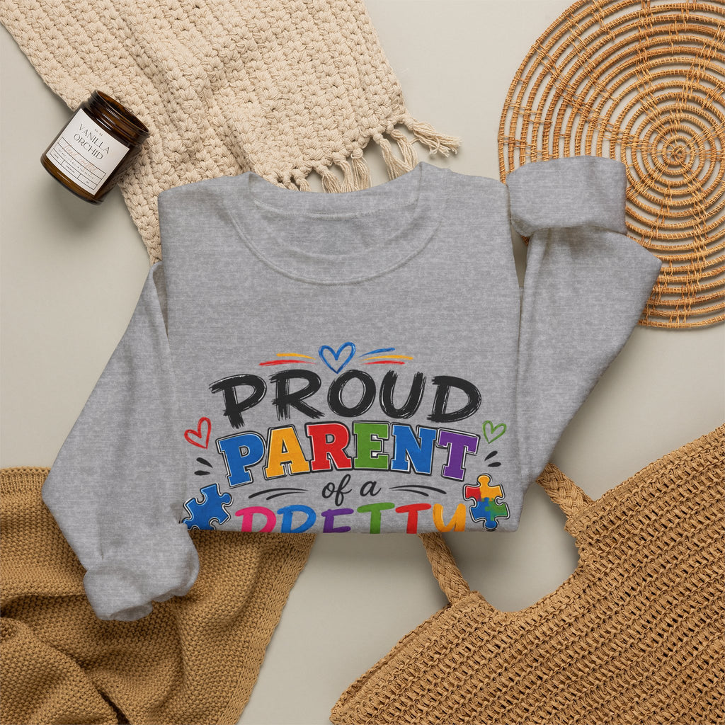 Crewneck Sweatshirt — "Proud Parent of a Pretty Amazing Autistic Kid" Colorful Autism Awareness Design