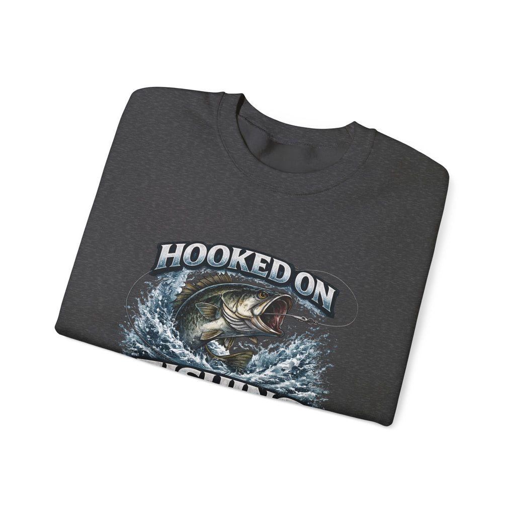 Fishing Sweatshirt — "Hooked on Fishing" Graphic Crewneck for Anglers