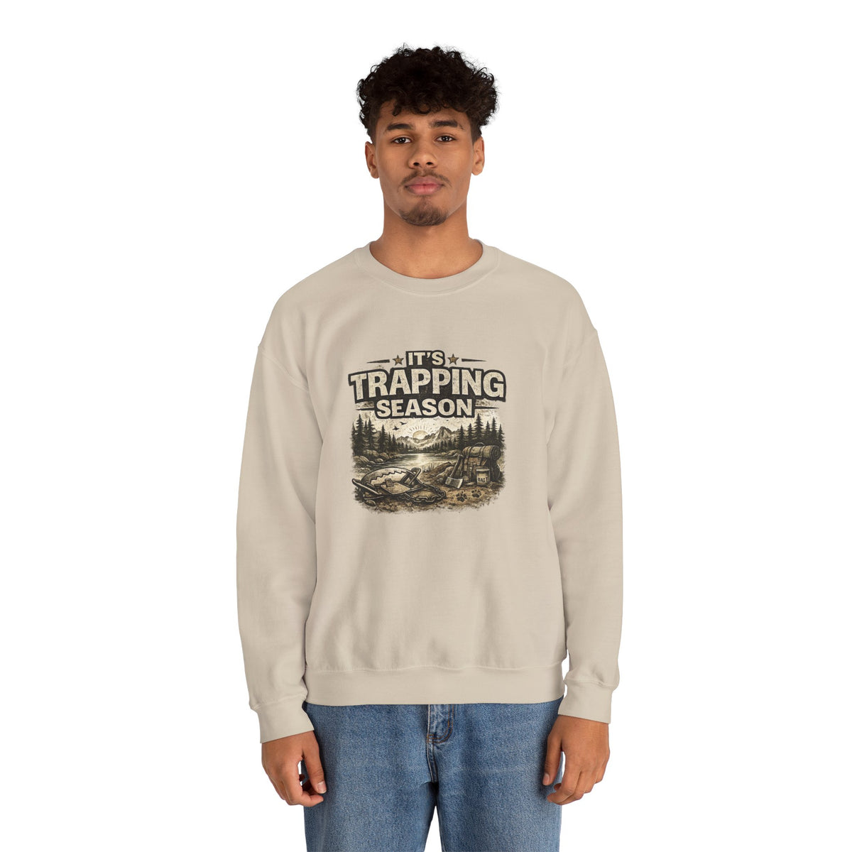 Crewneck Sweatshirt — "It's Trapping Season" Rustic Outdoor Graphic
