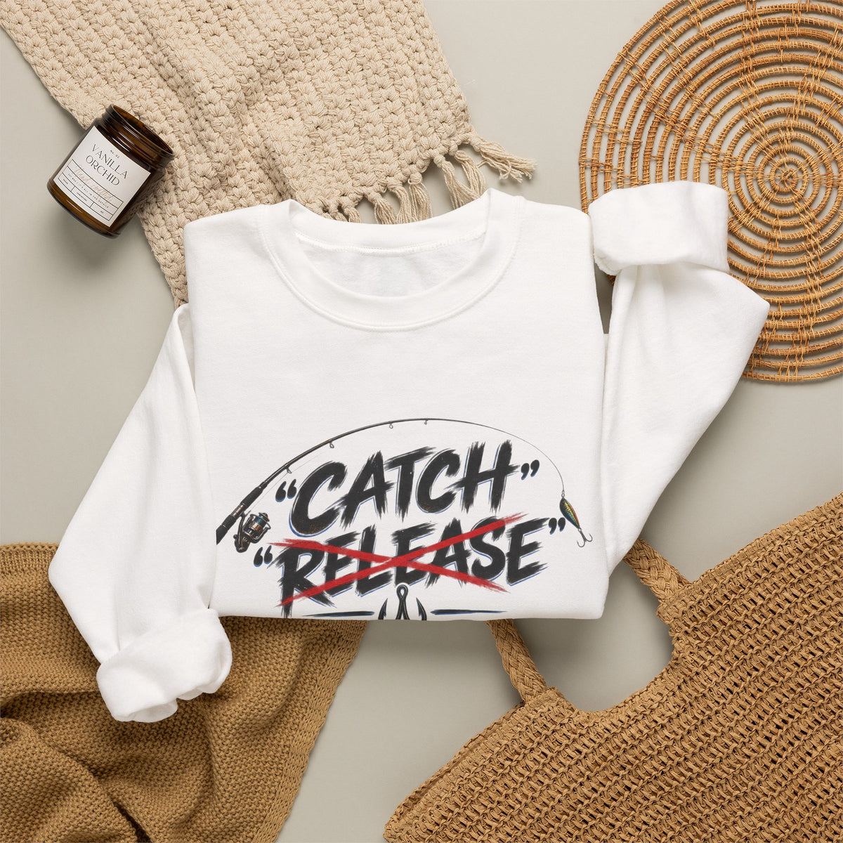 Crewneck Sweatshirt — "Catch"/"Release" Graphic Pullover
