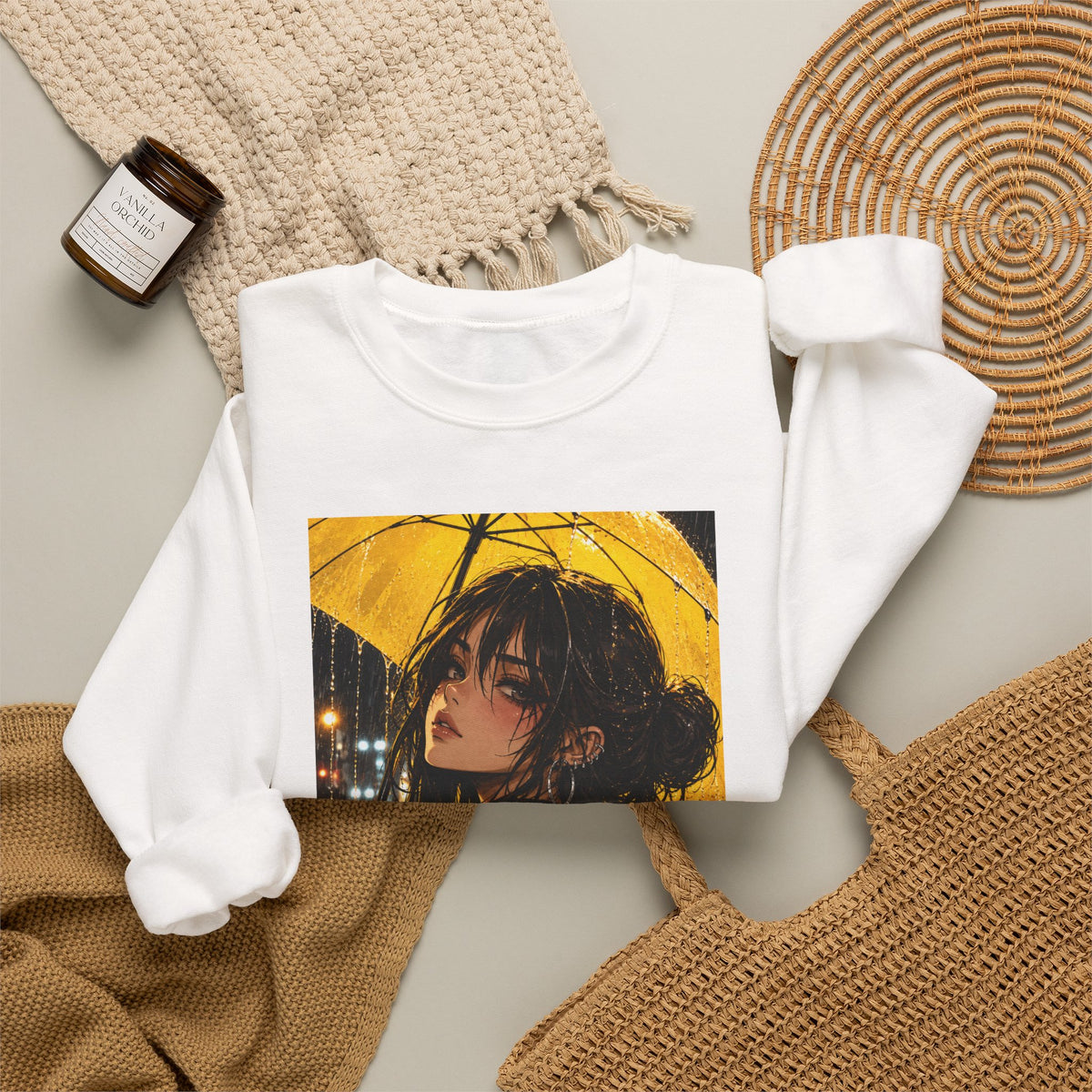 Anime Girl with Yellow Umbrella Sweatshirt