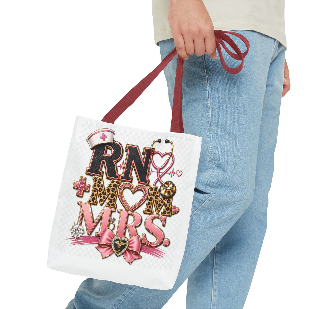 RN Mom Mrs. Tote Bag — Nurse Wife Gift, Leopard Pink Stethoscope Design
