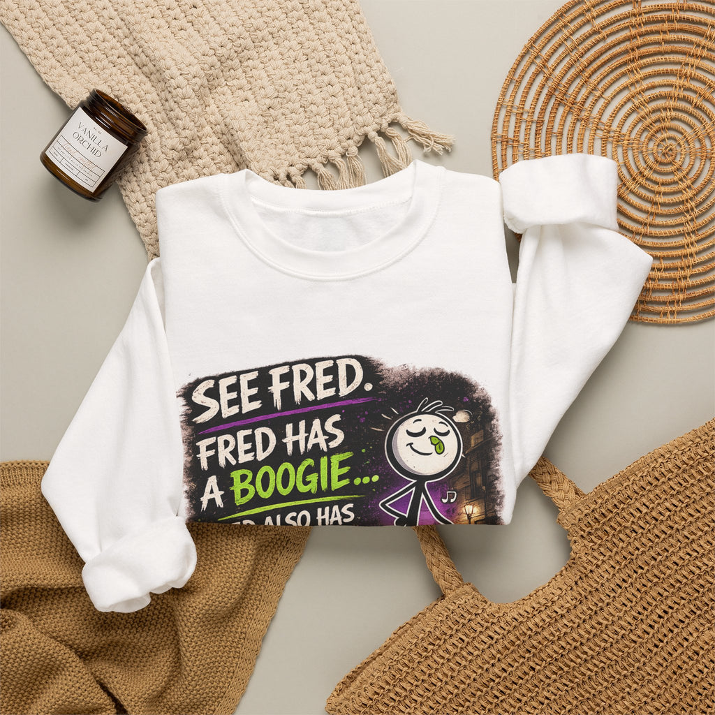 Funny Graphic Sweatshirt — "See Fred. Fred Has a Boogie... Fred Also Has No Friends"
