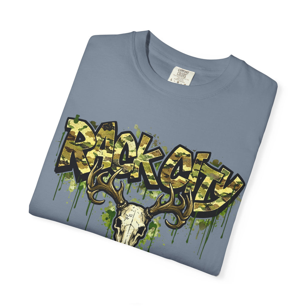 Buck City Graphic T‑Shirt — Deer Skull Camo Streetwear