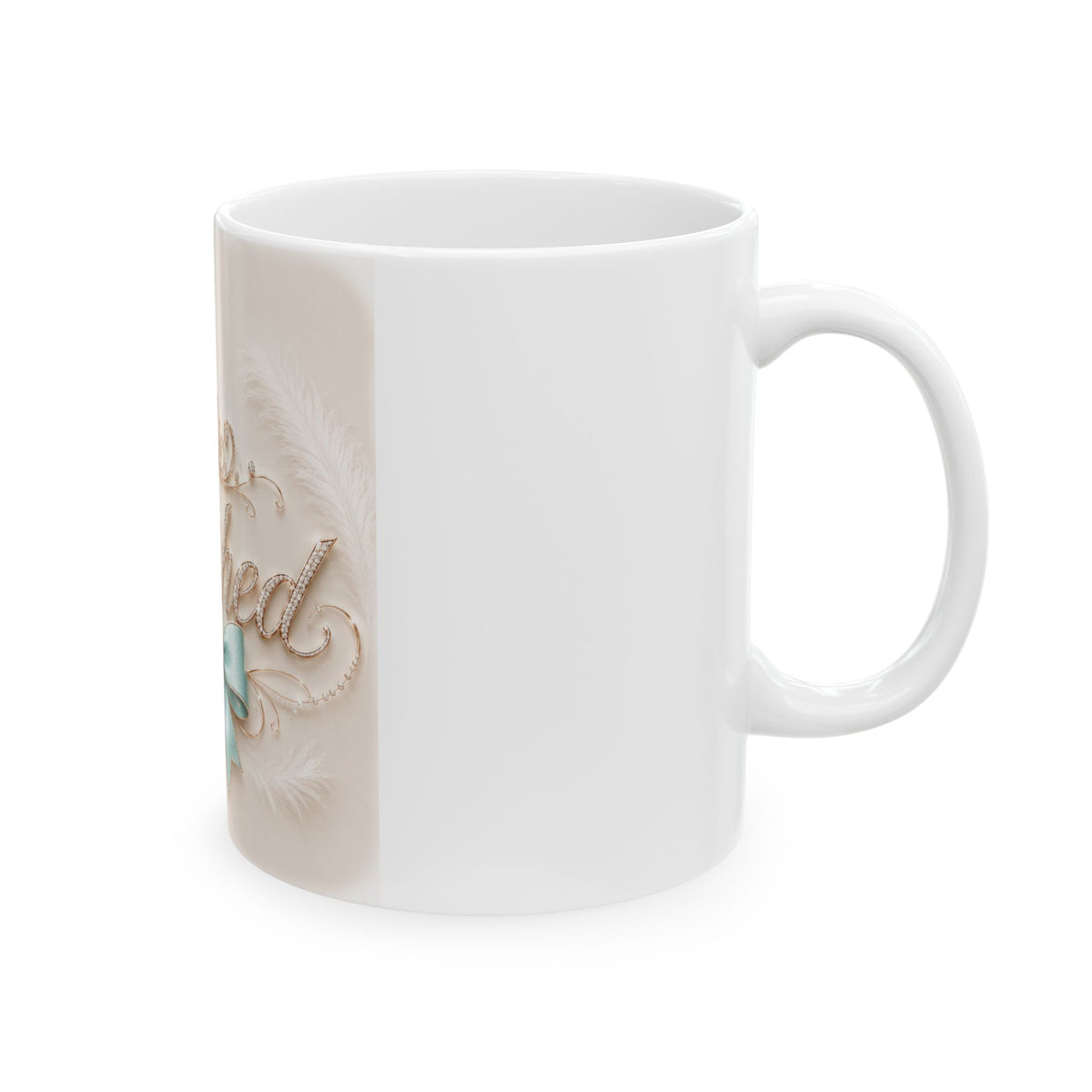 Polished Ceramic Mug — Elegant Script & Teal Bow Coffee Cup (11oz, 15oz)