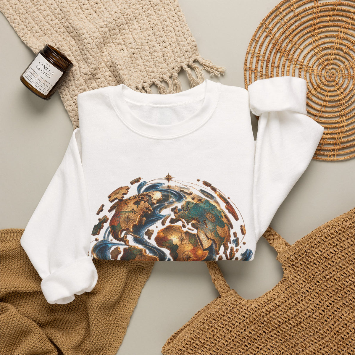 Earth Swirl Crewneck Sweatshirt — Vintage Globe Art Sweatshirt
