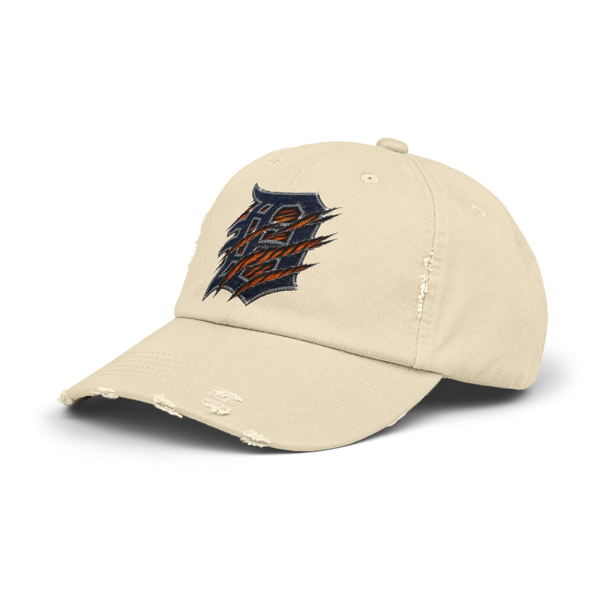 Distressed Beige Baseball Cap with Ripped Script Patch