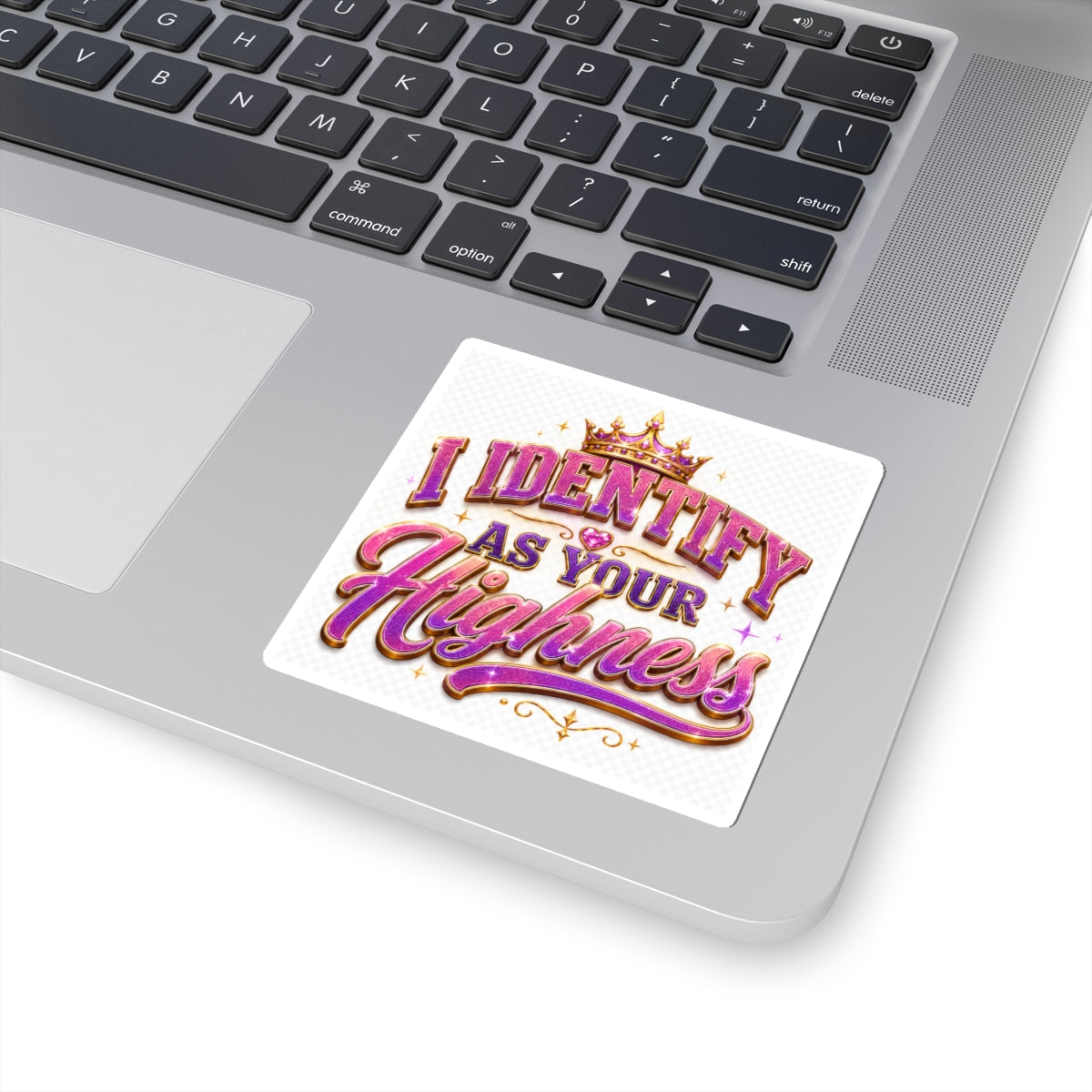 I Identify As Your Highness Kiss-Cut Sticker — Pink Glitter Crown Royalty Decal
