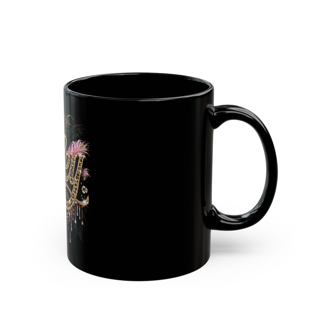 Wifey Glam Black Mug — Leopard Script with Feathers & Rhinestone Heart (11oz/15oz)