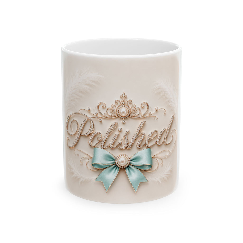 Polished Ceramic Mug — Elegant Script & Teal Bow Coffee Cup (11oz, 15oz)