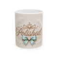 Polished Ceramic Mug — Elegant Script & Teal Bow Coffee Cup (11oz, 15oz)