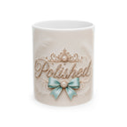 Polished Ceramic Mug — Elegant Script & Teal Bow Coffee Cup (11oz, 15oz)