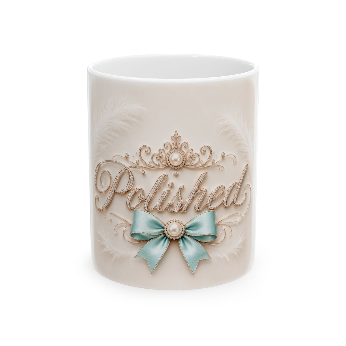 Polished Ceramic Mug — Elegant Script & Teal Bow Coffee Cup (11oz, 15oz)