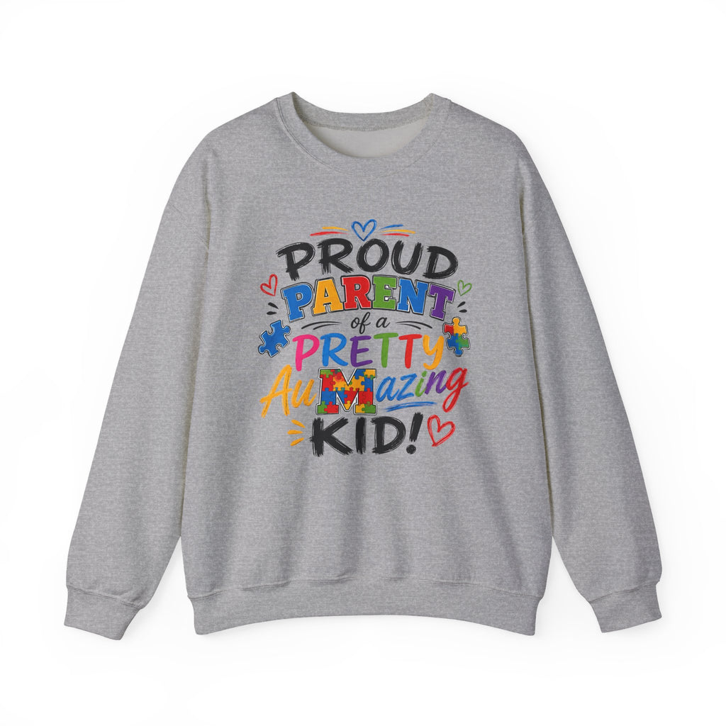 Crewneck Sweatshirt — "Proud Parent of a Pretty Amazing Autistic Kid" Colorful Autism Awareness Design