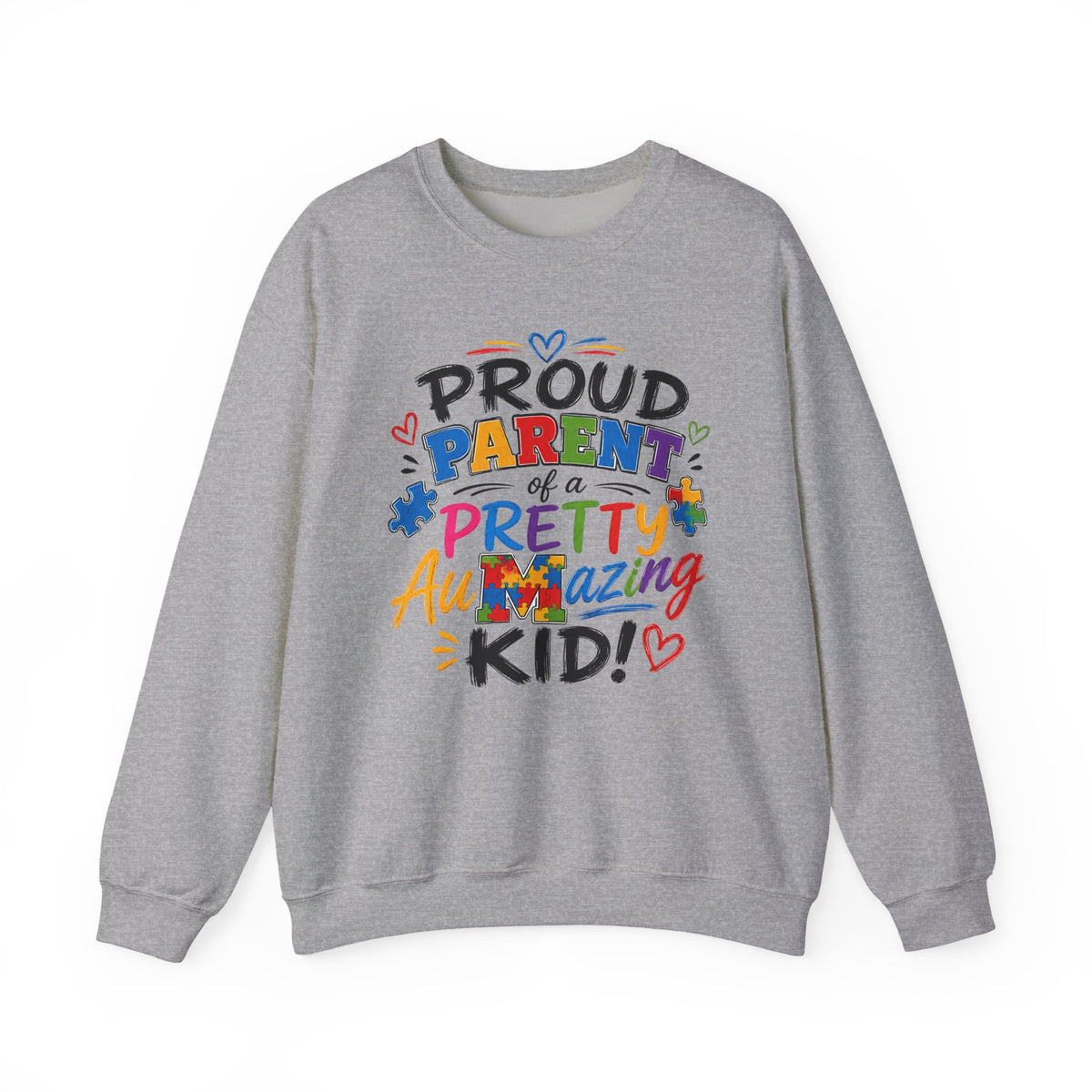 Crewneck Sweatshirt — "Proud Parent of a Pretty Amazing Autistic Kid" Colorful Autism Awareness Design