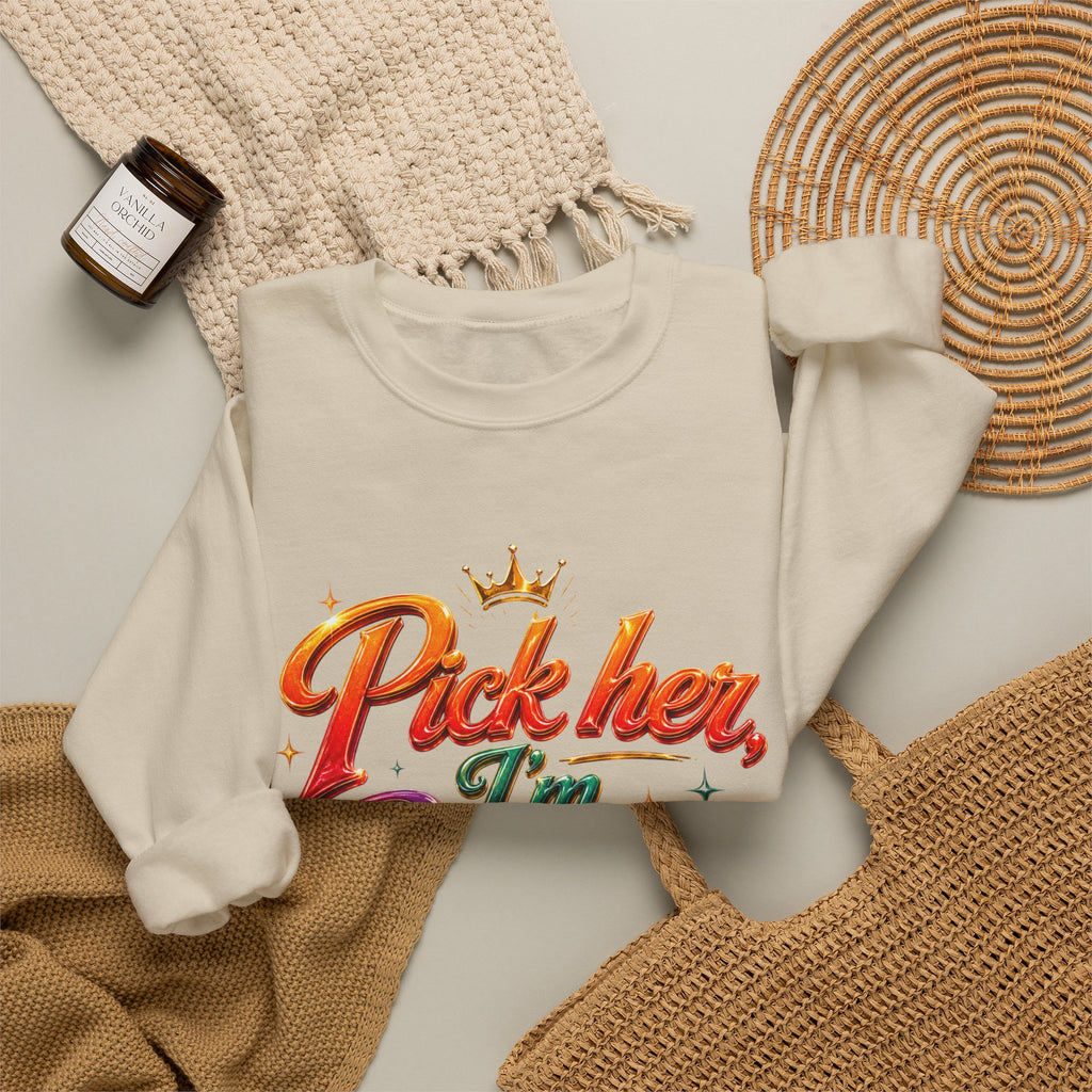 Crewneck Sweatshirt — "Pick Her I'm Busy" Colorful Script Graphic