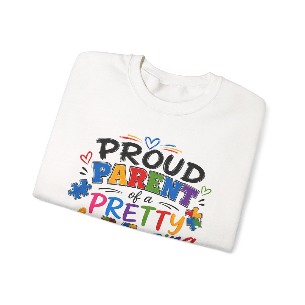 Crewneck Sweatshirt — "Proud Parent of a Pretty Amazing Autistic Kid" Colorful Autism Awareness Design