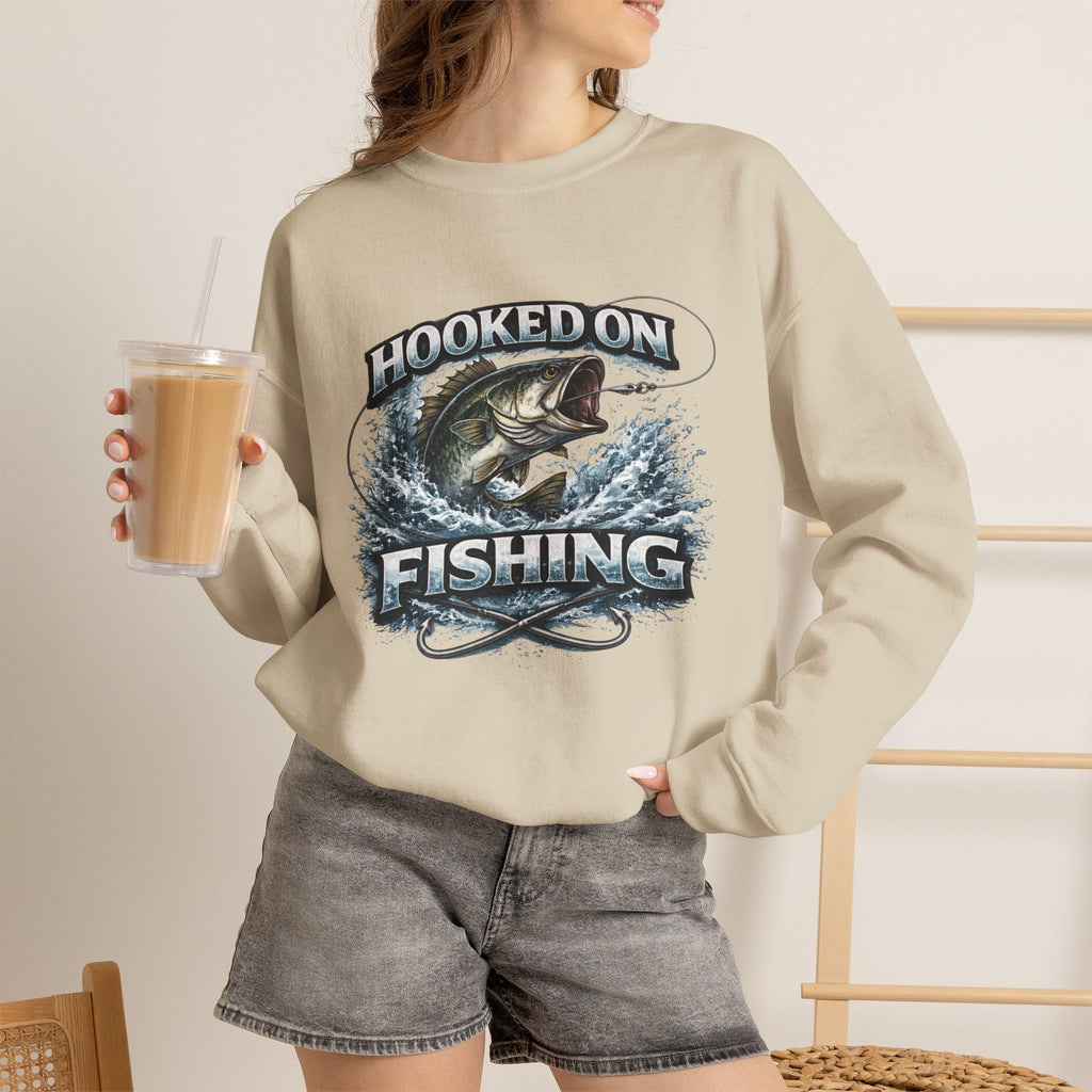 Fishing Sweatshirt — "Hooked on Fishing" Graphic Crewneck for Anglers