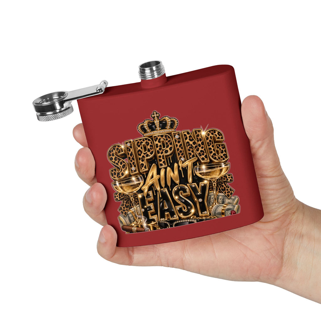 Flask — 'Sipping Ain't Easy' Gold Leopard Stainless Steel Hip Flask (6oz)