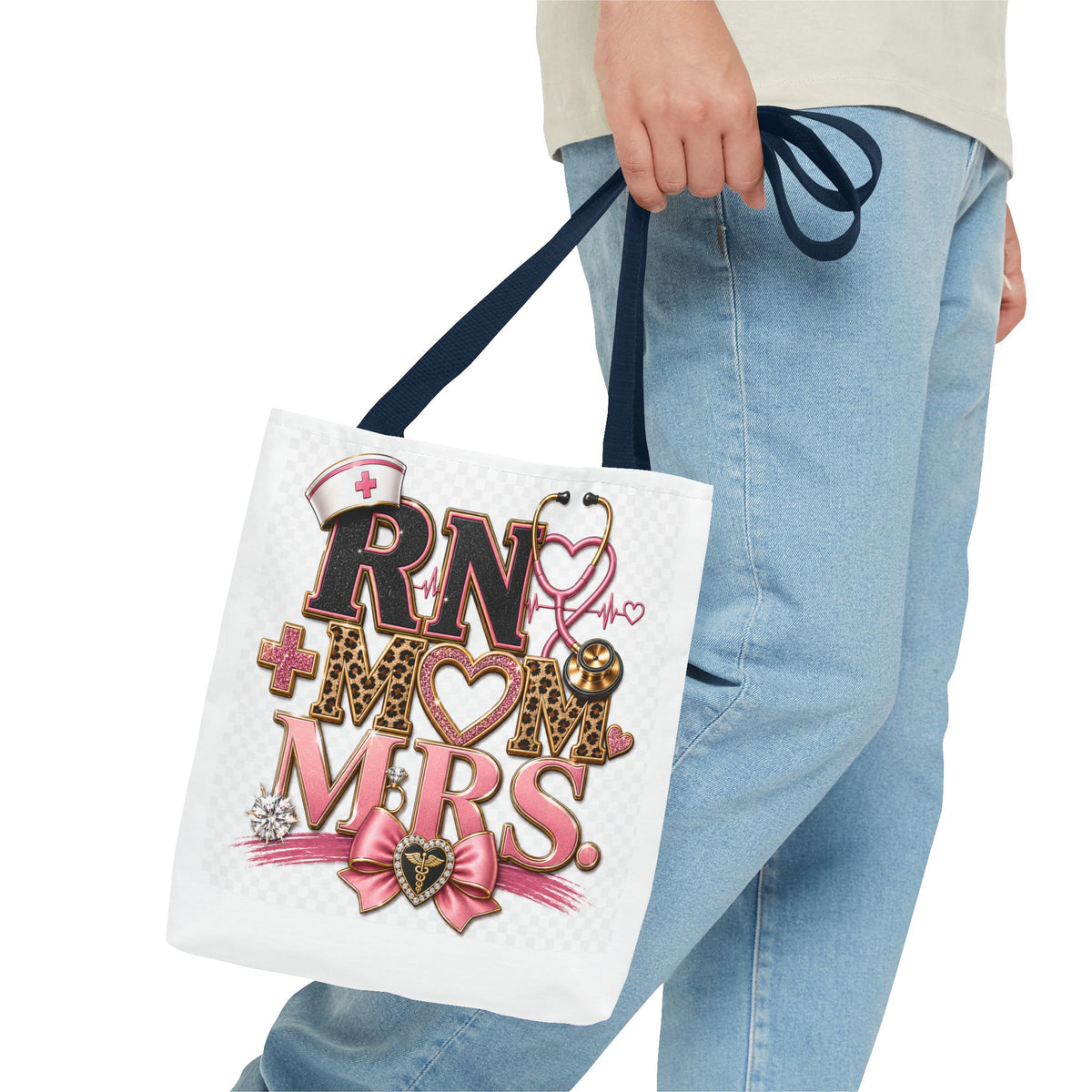 RN Mom Mrs. Tote Bag — Nurse Wife Gift, Leopard Pink Stethoscope Design