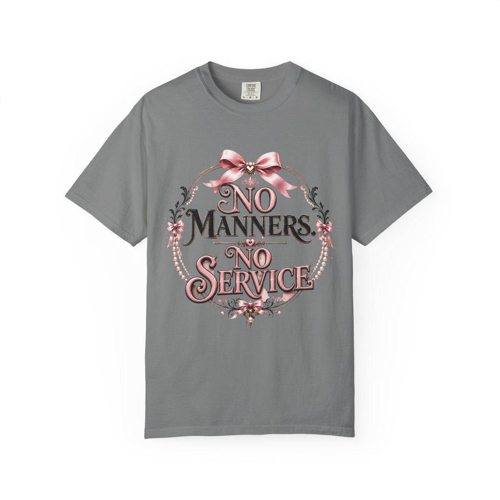 No Manners No Service T-Shirt — Vintage Pink Victorian Script Tee