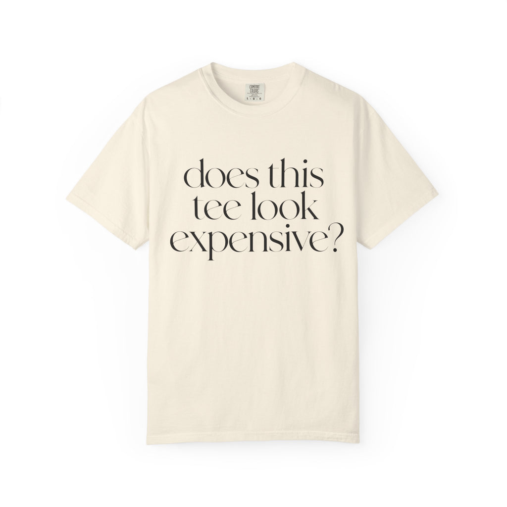 T-Shirt — "Does This Tee Look Expensive?" Minimal Script Graphic Tee