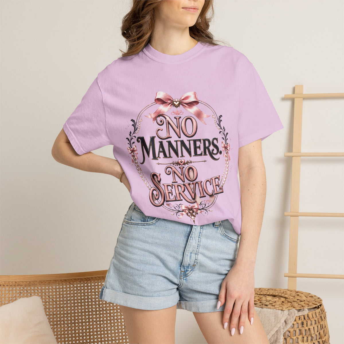 No Manners No Service T-Shirt — Vintage Pink Victorian Script Tee