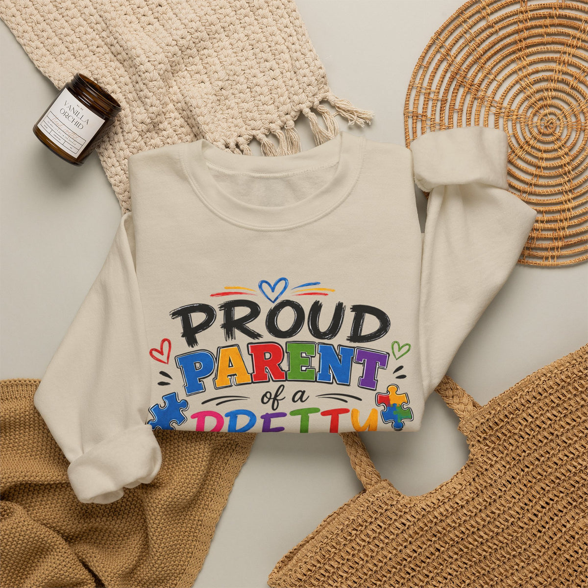 Crewneck Sweatshirt — "Proud Parent of a Pretty Amazing Autistic Kid" Colorful Autism Awareness Design