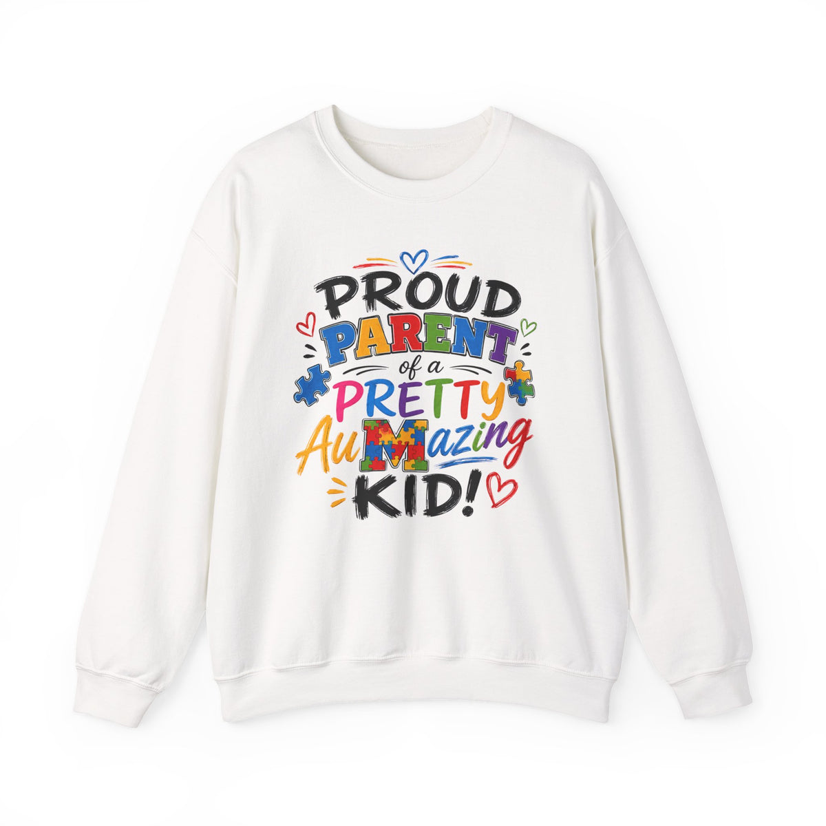 Crewneck Sweatshirt — "Proud Parent of a Pretty Amazing Autistic Kid" Colorful Autism Awareness Design