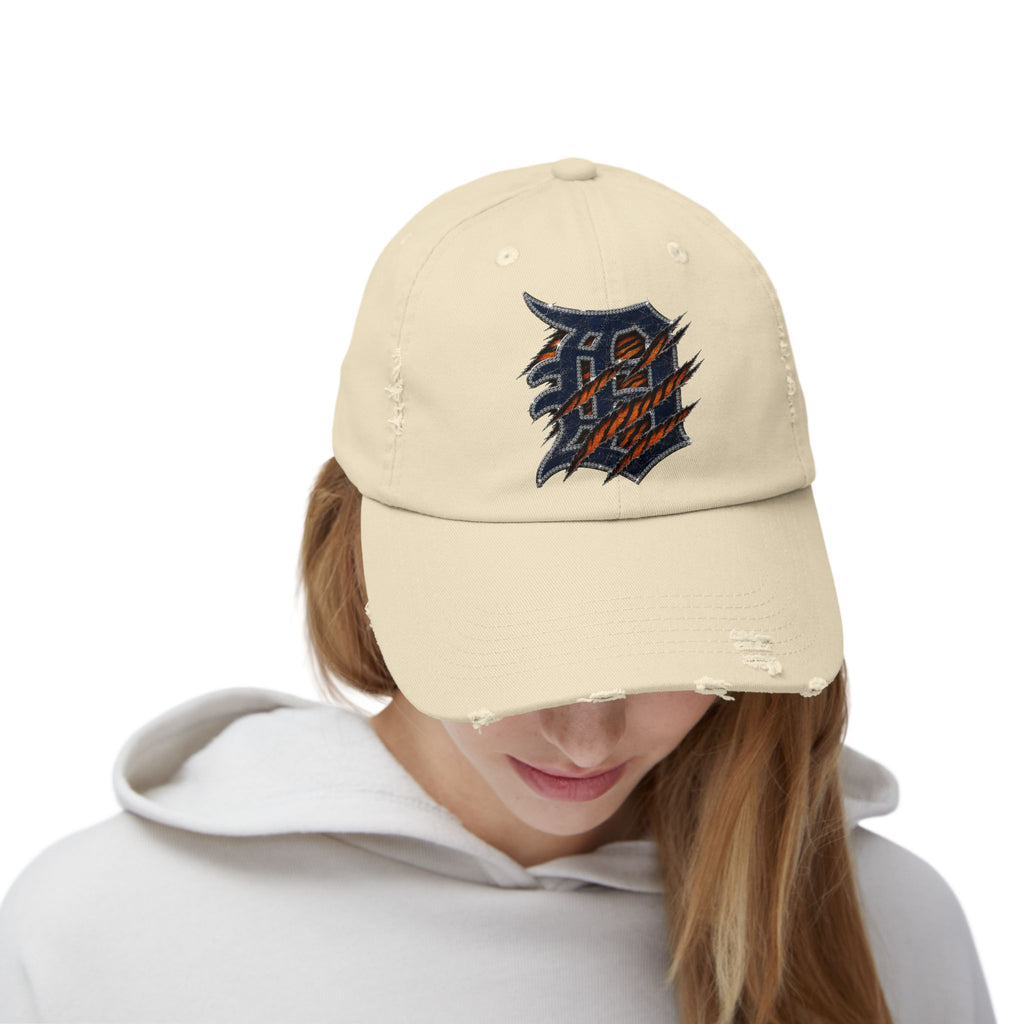 Distressed Beige Baseball Cap with Ripped Script Patch