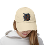 Distressed Beige Baseball Cap with Ripped Script Patch