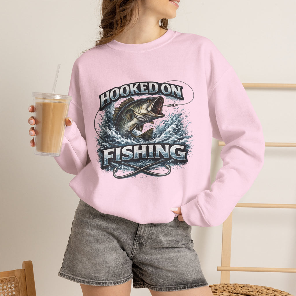 Fishing Sweatshirt — "Hooked on Fishing" Graphic Crewneck for Anglers