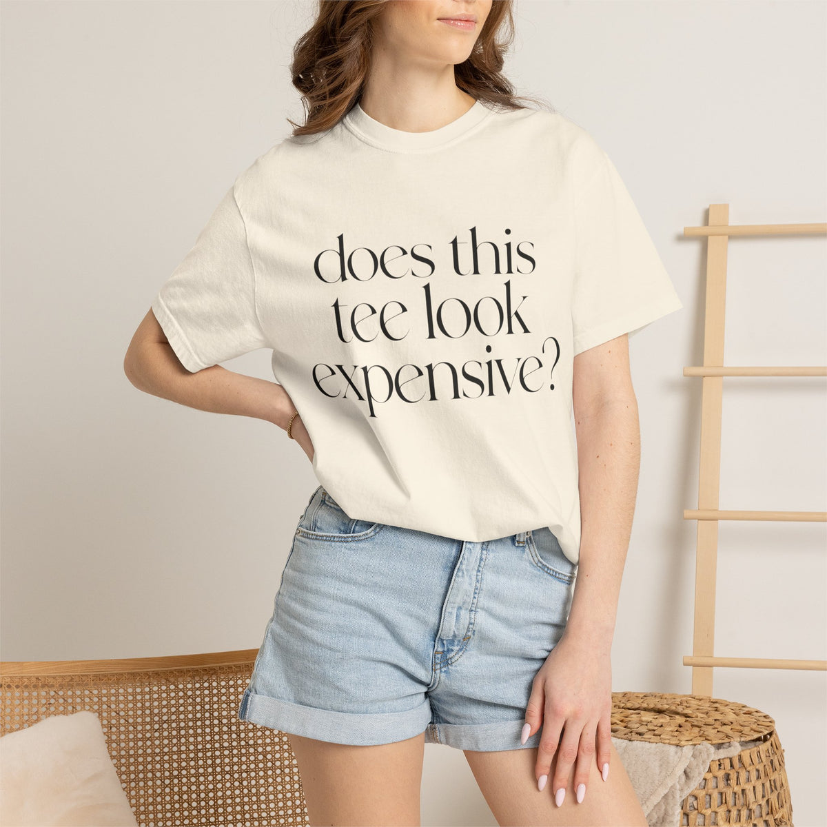 T-Shirt — "Does This Tee Look Expensive?" Minimal Script Graphic Tee