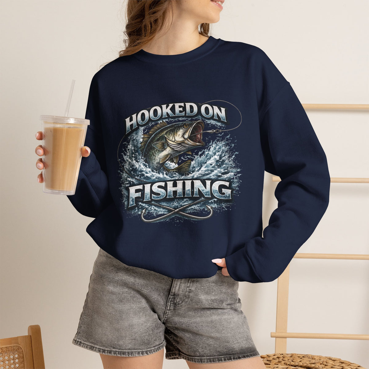 Fishing Sweatshirt — "Hooked on Fishing" Graphic Crewneck for Anglers