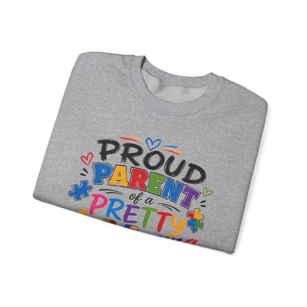 Crewneck Sweatshirt — "Proud Parent of a Pretty Amazing Autistic Kid" Colorful Autism Awareness Design